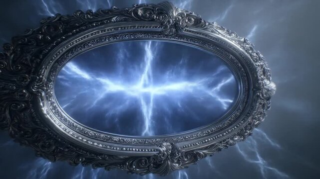 Glowing blue electrical energy portal inside an ornate vintage oval frame, abstract magical power field and lightning concept.