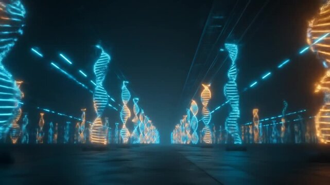Abstract digital road lined with glowing blue and orange DNA double helix structures. Biotechnology, genetic engineering, scientific innovation concept. - Powered by Adobe