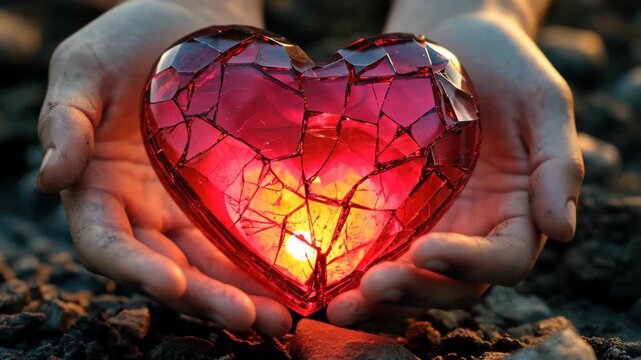 Heart's Embrace: A pair of hands gently cradles a fractured heart, its interior alight, evoking themes of love, healing, and resilience.