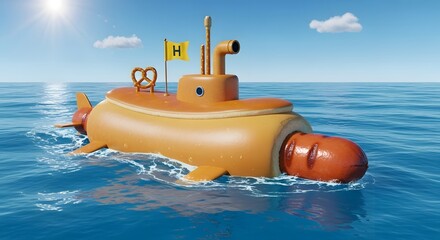 Whimsical Yellow Submarine Sailing on a Calm Blue Sea Under a Bright Sunny Sky with a Pretzel Flag