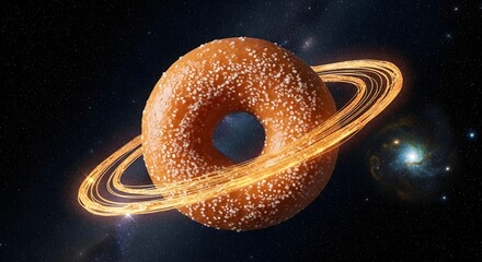 A sweet glazed donut reimagined as a celestial planet with glowing sugar rings, floating in the vast cosmic expanse of outer space