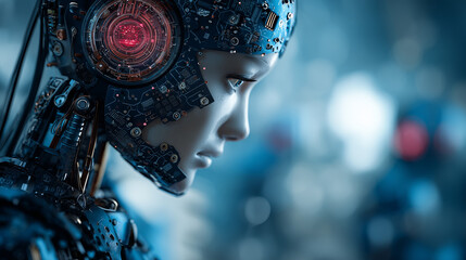 Futuristic Female-Like Android with Detailed Cybernetic Components and Red Sensor Light
