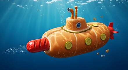 A whimsical hot dog shaped submarine cartoon illustration, navigating the clear blue ocean depths with sparkling bubbles and sunbeams