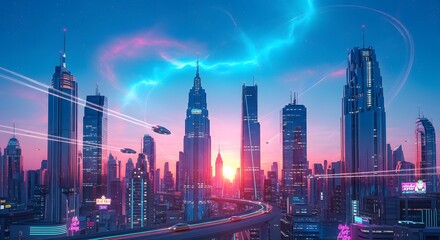 Futuristic cityscape at sunset with flying vehicles and vibrant neon lights illuminating the sky