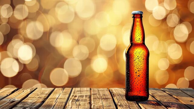 Golden Brew in the Spotlight: An amber beer bottle, beads of condensation glistening, rests on a rustic wooden table, against a bokeh backdrop of warm, golden light.