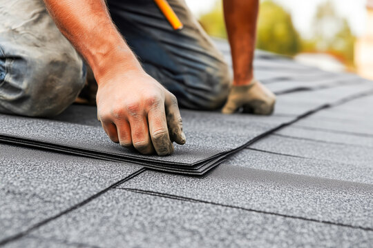 Roofers installing asphalt shingles, carefully aligning each piece and nailing it into place