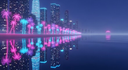 Vibrant neon-lit cityscape reflected on tranquil water at dusk, evoking a retro-futuristic synthwave aesthetic with glowing palm trees and towering skyscrapers