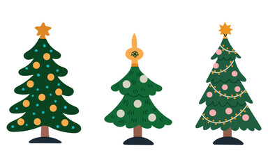 Set collection 2 of Christmas New Year trees with different decorations. Holiday design for cards, banners, packaging and textiles