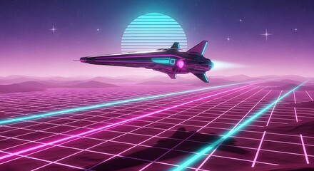 Sleek futuristic spacecraft cruising over a vibrant neon grid in a retro 80s inspired virtual reality landscape with a digital sun