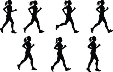 Running woman silhouette, female jogging exercise, fitness athlete training, healthy lifestyle workout, marathon runner, outdoor activity, sports illustration, active girl movement, endurance