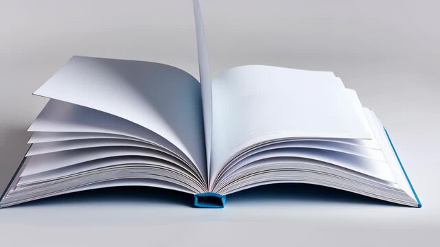 Open Book with Blank Pages: A hardback book lies open, revealing crisp, blank pages perfect for literary content, or creative ideas, capturing the essence of limitless possibilities and knowledge.