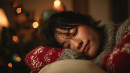 女性が赤い冬ニットで眠る横顔