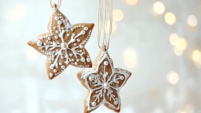 Close up of decorated star shaped gingerbread cookies hanging as Christmas ornaments with blurred festive lights