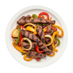 Top Down View Of Grilled Steak Fajitas On White Plate With Colorful Bell Peppers And Onions Isolated On Transparent Background