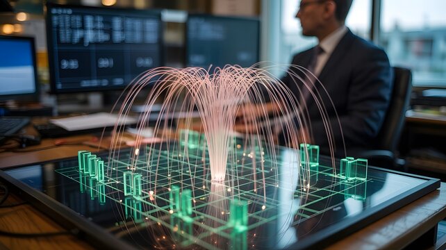 Futuristic cityscape hologram displayed on table with businessman in background
