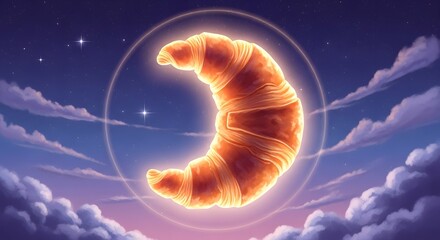 Whimsical illustration of a glowing croissant in the night sky, resembling a crescent moon