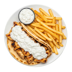 Overhead View Of A Greek Gyro Sandwich On White Plate With Fries And Sauce On Transparent Background