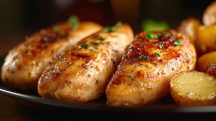Close Up Golden Roasted Chicken Breast with Roasted Potatoes Culinary Dish
