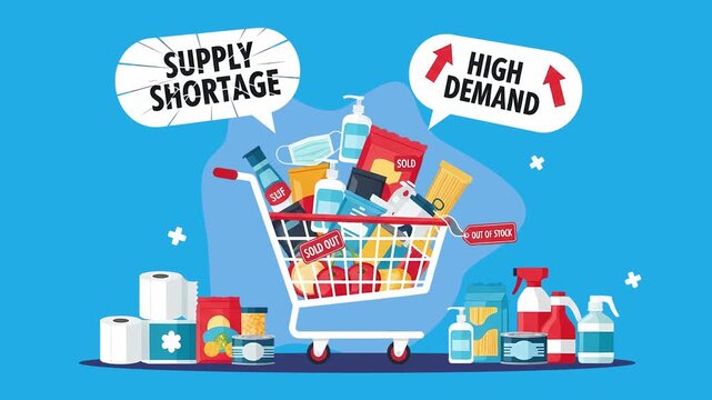 Animated flat vector illustration of online shopping cart with supply shortage and high demand. Moving Banner