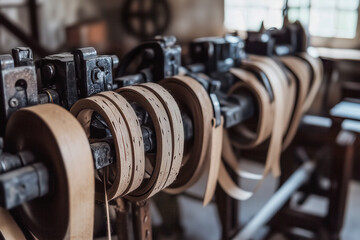 Fototapeta premium Production of rubber bands, showing machines cutting and shaping rubber into elastic bands