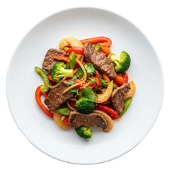 Colorful Stir Fry Dish with Beef Broccoli Red Peppers and Onions on White Plate Top View
