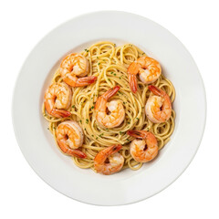 Overhead View of Pasta Dish with Grilled Shrimp on a White Plate on Transparent Background