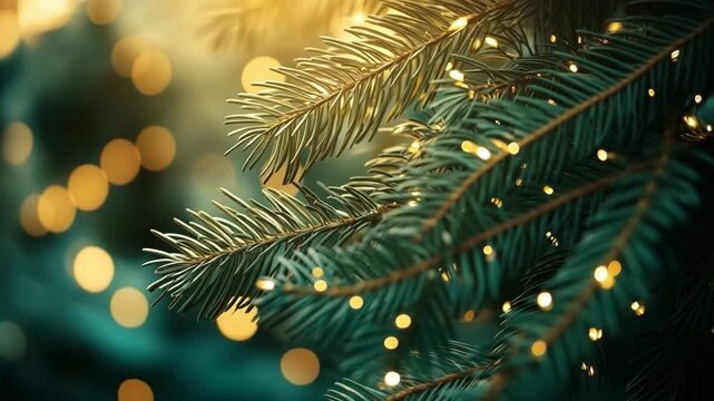 Close-up of pine tree branches with glowing string lights and golden bokeh background, soft camera pan