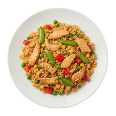Overhead View Of Chicken Fried Rice With Vegetables On A White Plate Set Against A Transparent Background