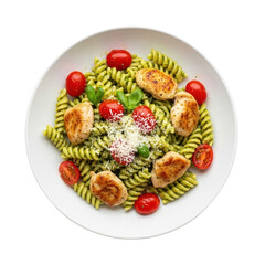 Overhead View Of Pasta Dish With Grilled Chicken Cherry Tomatoes and Basil Leaves on White Plate Against Transparent Background
