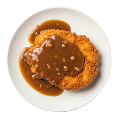 Golden Fried Chicken Cutlet with Rich Brown Gravy on White Plate Isolated Against Transparent Background