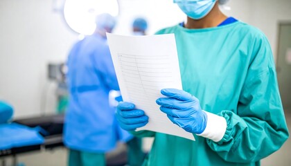 Medical Professional Examining Document in Operating Room