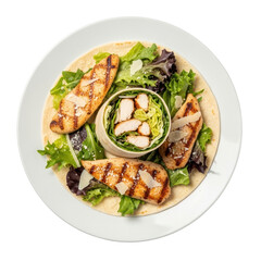 Overhead View of a Chicken Caesar Salad Wrap on a White Plate with Grilled Chicken and Green Lettuce Arrangement