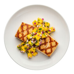 Grilled Salmon Fillet Topped With Fresh Mango Salsa Served On White Plate