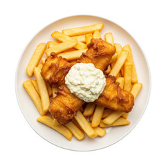 Golden Fried Fish And Chips Served On A Round Plate With Tartar Sauce Against Transparent Background