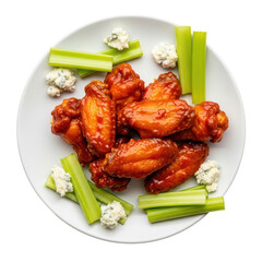 Overhead View of Cooked Chicken Wings with Celery and Blue Cheese on White Plate