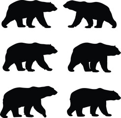 Bear silhouettes, walking posture, wildlife motion, animal stance, forest mammal, nature creature, wild species, illustration set
