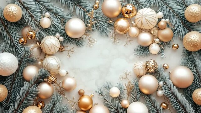 Golden and white Christmas baubles with pine branches arranged on marble background, camera zooming out for festive flat lay scene