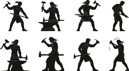 Blacksmith silhouette, metal forging, hammer anvil, traditional craftsman, iron worker, tool making, metalwork process, industrial occupation