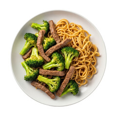 Overhead View of a Plate with Beef Broccoli and Noodles on a White Plate with Transparent Background