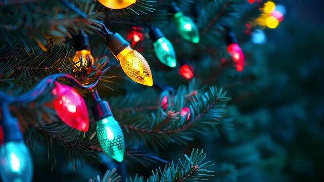 Close up of colorful Christmas string lights glowing on green pine tree branches in the evening