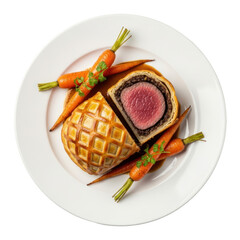 Overhead Shot of Beef Wellington Served with Roasted Carrots and Sauce on White Plate