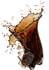 Dynamic Splash Of Dark Brown Liquid With Ice Cubes Against Transparent Black Background