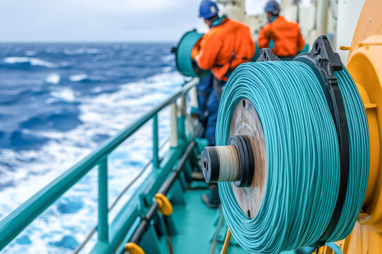 Detailed view of fiber optic cable spools on a ship deck with engineers preparing for installation