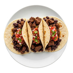 Overhead View Of Three Filled Tacos On A White Plate With Black Beans Salsa and Tortilla Wraps in Studio Lighting