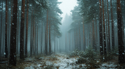 Fototapeta premium photo of a pine forest in the winter, with snow falling.