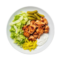 Overhead View Of Delicious Chicken Bites With Pickles Lettuce And White Sauce On A White Plate Isolated On Transparent Background