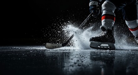A low-angle view captures a hockey player's powerful stride, kicking up a dramatic spray of glistening ice particles on a dark, reflective rink surface.