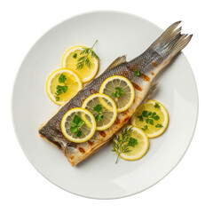 Grilled Fish with Lemon Slices on White Plate Isolated on Transparent Background