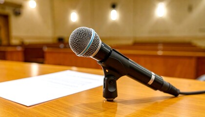 Microphone on Table in Conference Room with Paper