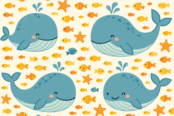 Cute cartoon whales and fish pattern on a light yellow background
